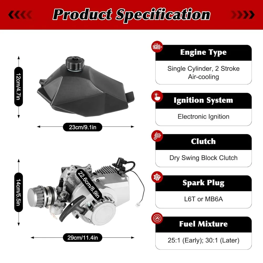 49cc 2 Stroke Pull Start Engine Motor Kit Single Cylinder Air Cooled Motor Engine Go Kart Forward Reverse Gearbox Kit Fits ATV