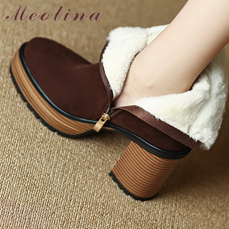 

Meotina Women Genuine Leather Ankle Boots Round Toe Block High Heels Fur Zipper Metal Decoration Short Boots Ladies Shoes Winter