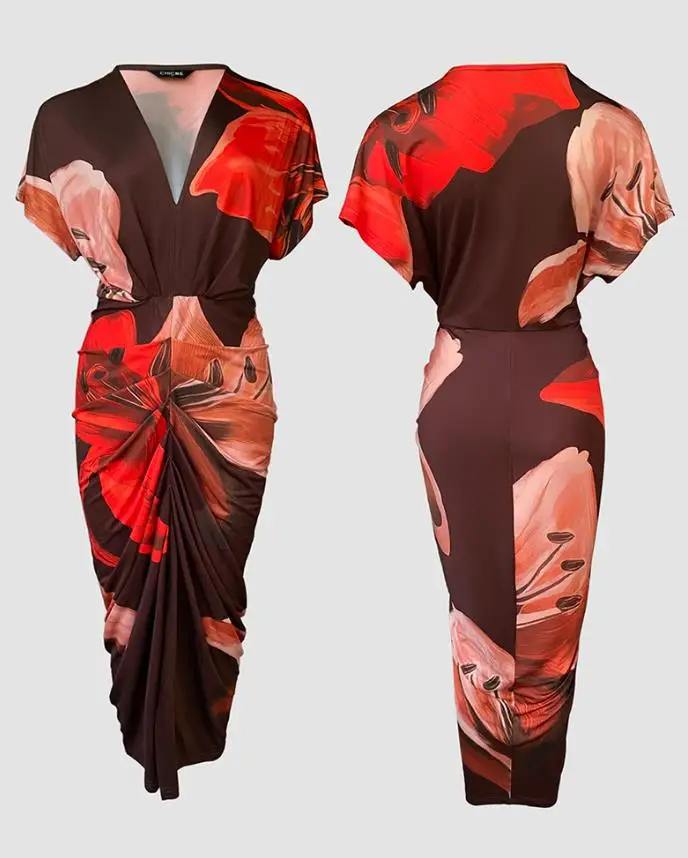

Womens Dresses 2025 Spring Summer Fashion Floral Placement Print Deep V-Neck Front Slit Dress Ruched Slim Fit Vacation Dress