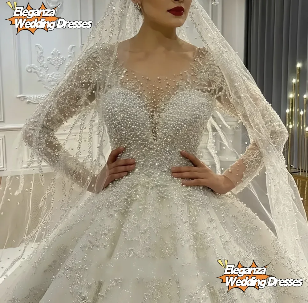 فستان زفاف LuxuArabic Dubai بأكمام طويلة مخصص لؤلؤ مطرز بالخرز فستان عرائس برقبة سكوب فستاين سهرة/فساتين الحفلات Vestidos De Noiva