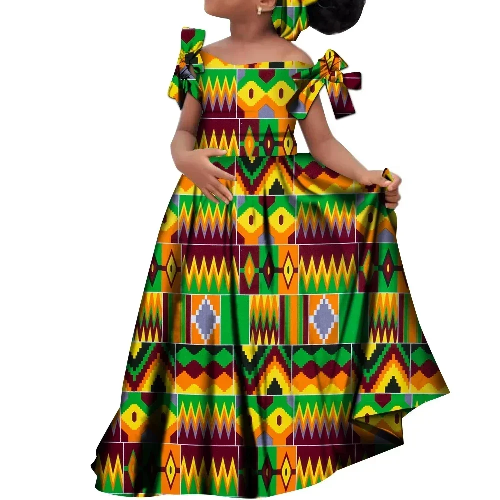 Crianças meninas africano dashiki vestido impresso vestidos crianças bonito vestidos de festa roupas africanas vestidos longos com lenço wyt659