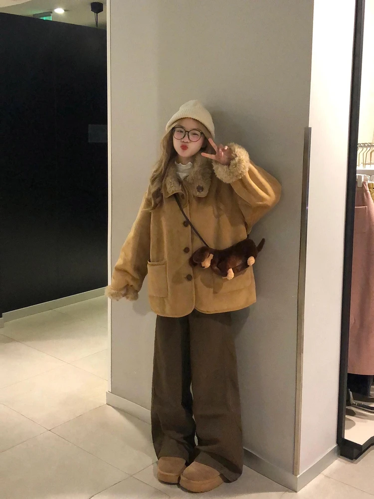 

Корейская теплая женская куртка-косуха из замши с меховой подкладкой, двусторонняя, однотонная, зимняя, повседневная