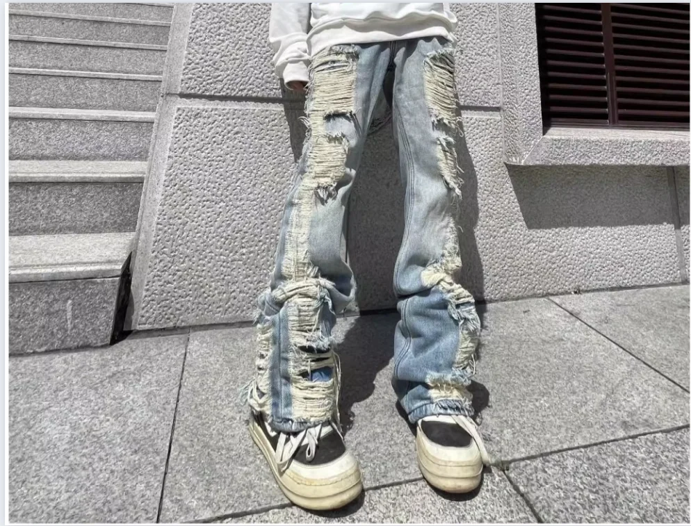 Harajuku pantaloni Jeans lavati blu con foro sfilacciato strappato per uomo e donna tasche Streetwear pantaloni Casual larghi in Denim