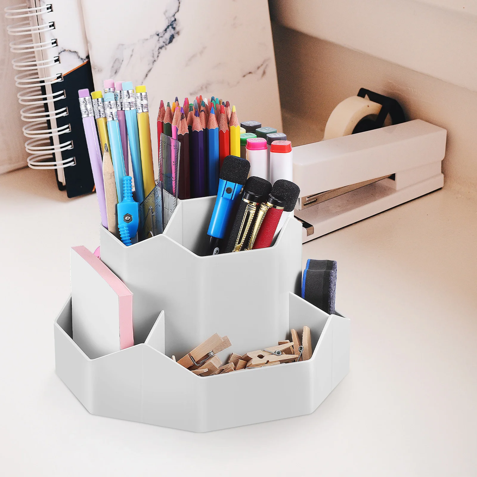 Tempat Pena Putar untuk Meja dengan Banyak Kompartemen, Ruang Penyimpanan Luas, Tempat Pensil Alat Tulis Terorganisir, Organizer Meja