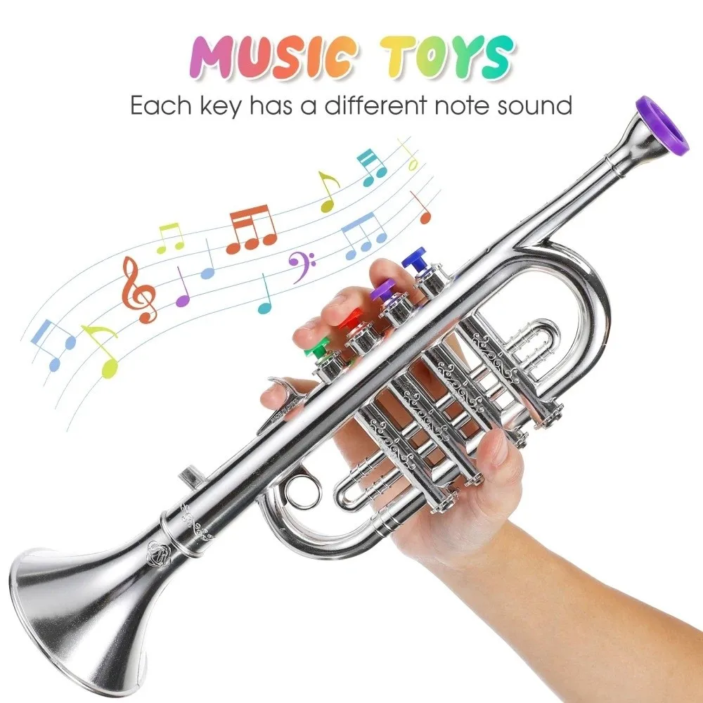 Trompeta de juguete para niños, instrumento Musical, trompeta de cuatro tonos, instrumentos musicales de plata simulados, cuerno, casa de juegos, equipo musical