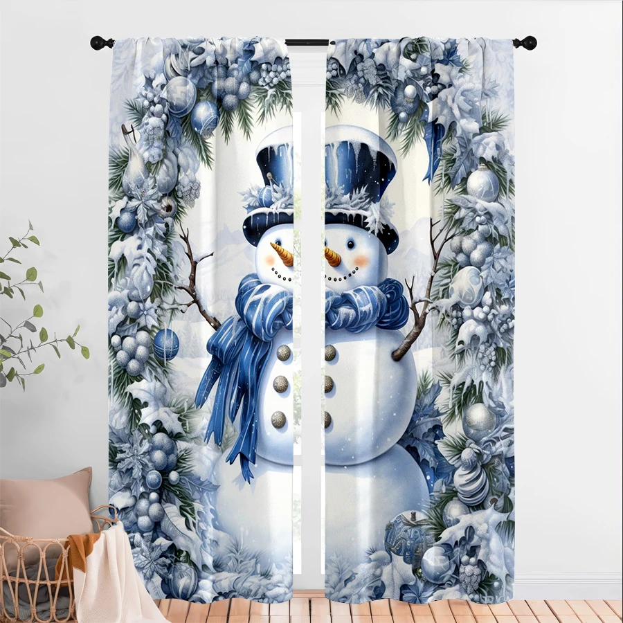 2PCS Christmas Winter Curtains, Blue Snowman Pine, Digital Print, Bedroom Living Room Kitchen, Rod Pocket Polyester, Home Decor