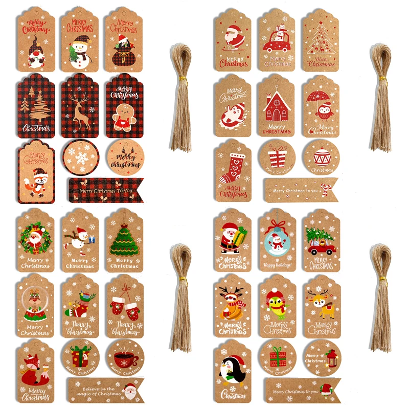 50pcs Merry Christmas Theme Cartoon Snowman Santa Claus Pattern Kraft Paper Tags Christmas Party Gifts Decoration Supplies