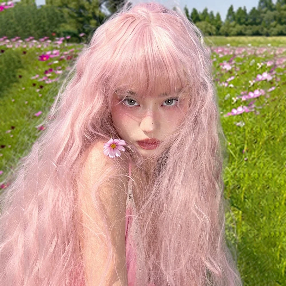 

1 Super Long Curly Blossom Pink Wig Full-Head Female Lolita Water Ripple Cos