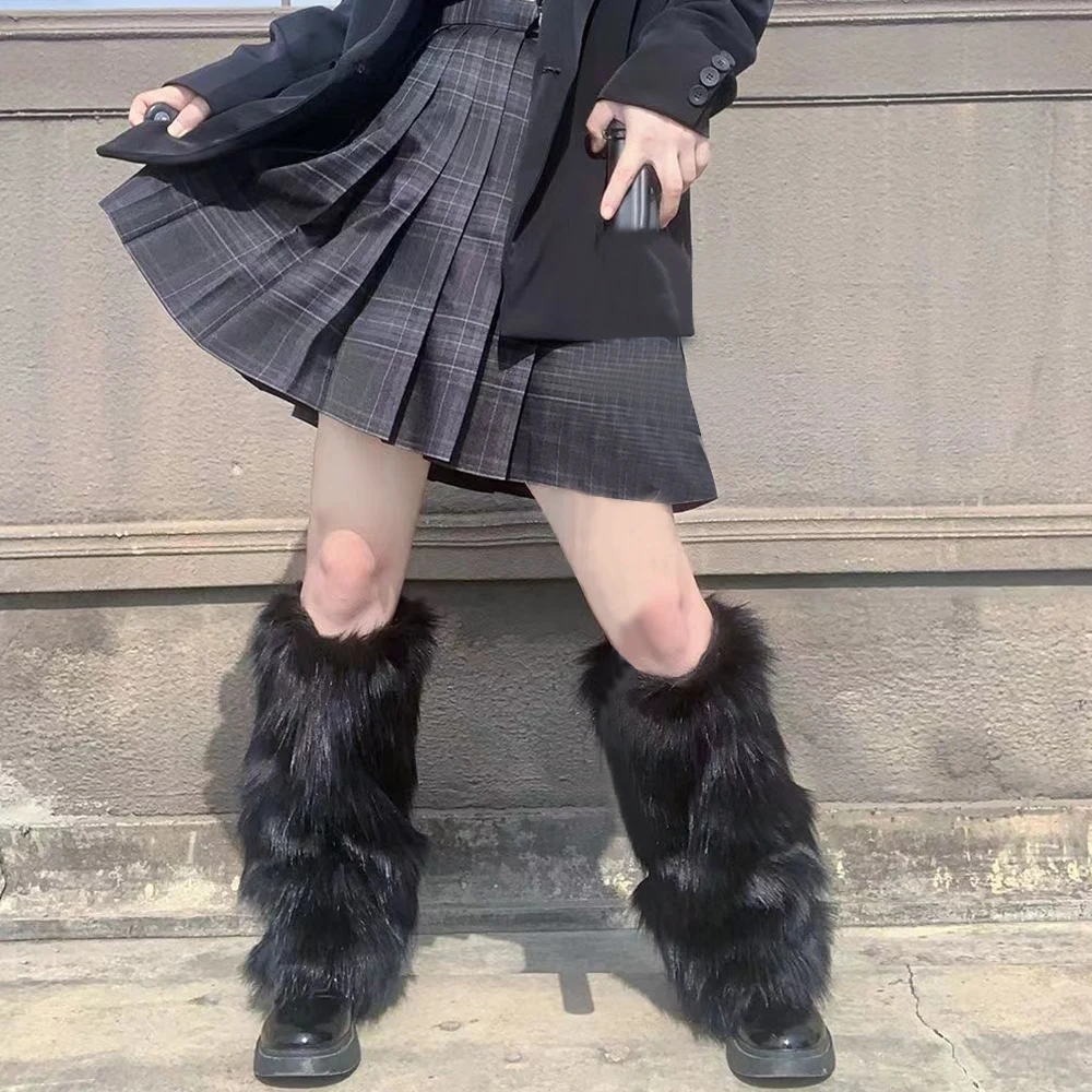 Japanese White Faux Fur Leg Warmers Boot Covers Y2K Goth Solid Leg Socks Punk Jk Knee-length Hiphop Hotgirl Fashion Warm Sock