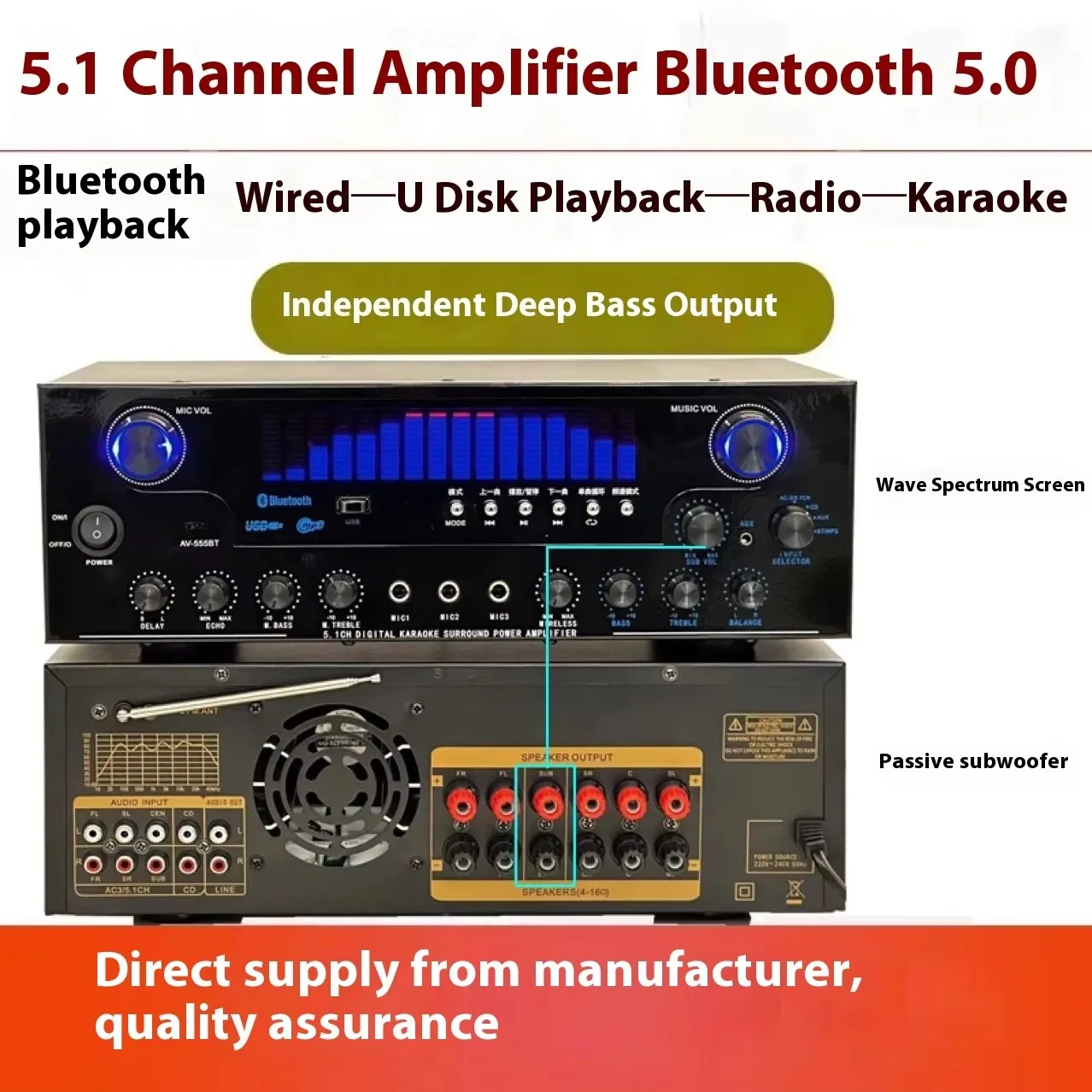Professional 5.1 Channel Dynamic Spectrum Amplifier 600W High-Power Home Subwoofer AV-555BT Metal Construction USB/AUX Inputs
