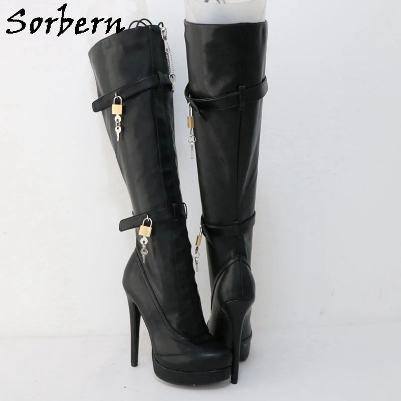 Sorbern Black Fetish Lockable Zipper Boots Women Knee High Double Straps With Locks Visible Platform High Heel Stilettos