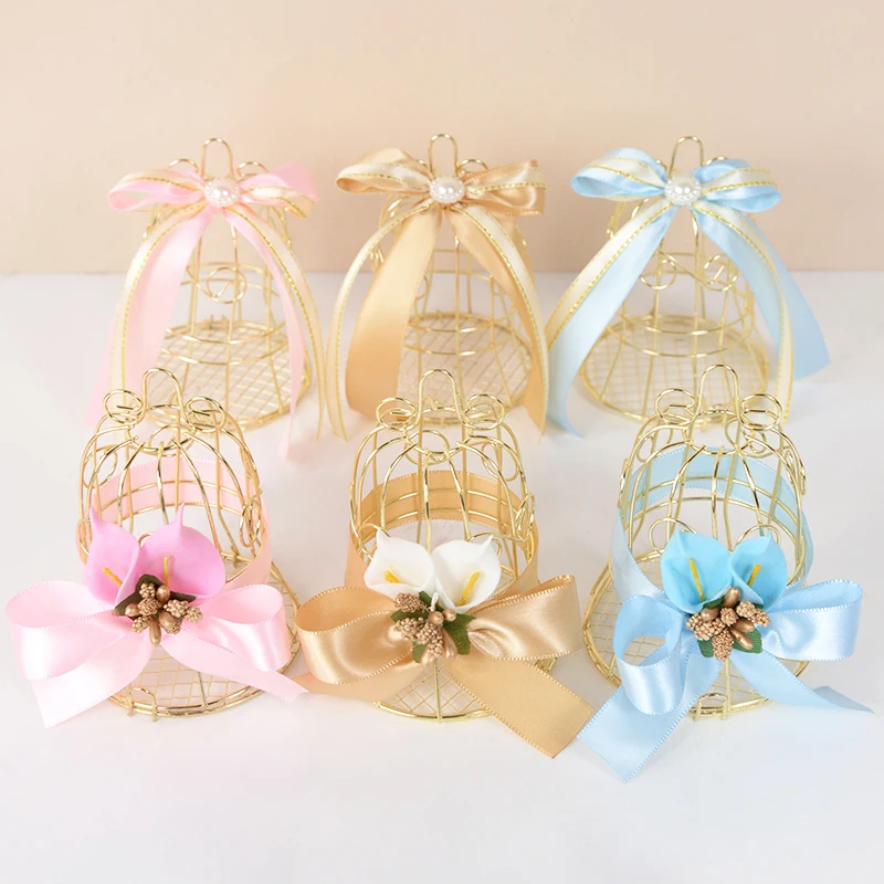 10Pcs Mini Metal Gold Vintage Retro Bird Cage Candy Boxes Baby Shower Favor Gift Box For Guests Wedding Party Birthday Souvenir