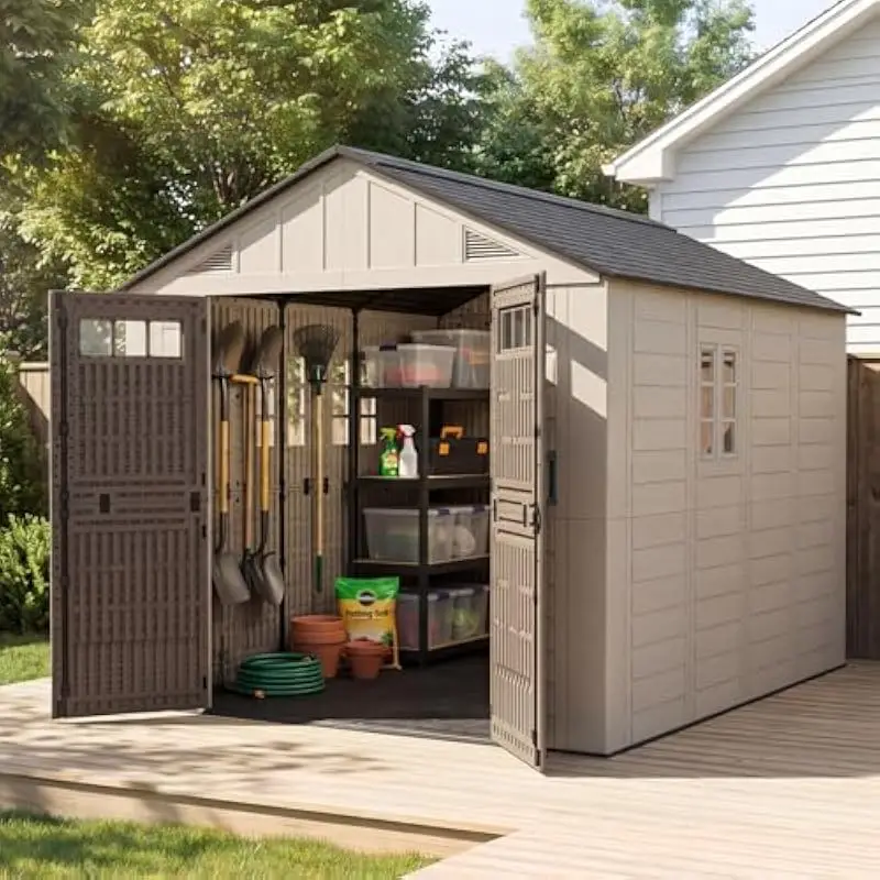 8x10 FT All-Weather Resin Shed with Steel-Reinforced Beam, Ventilated Interior, Lockable Double Doors, Integrated Floor, UV-Resi
