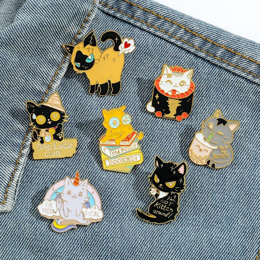 7 Pcs Cartoon Cat Brooch Cute Unicorn Love Animal Enamel Pin Fashion Milk Tea Book Metal Badge Jewelry Backpack Clothing