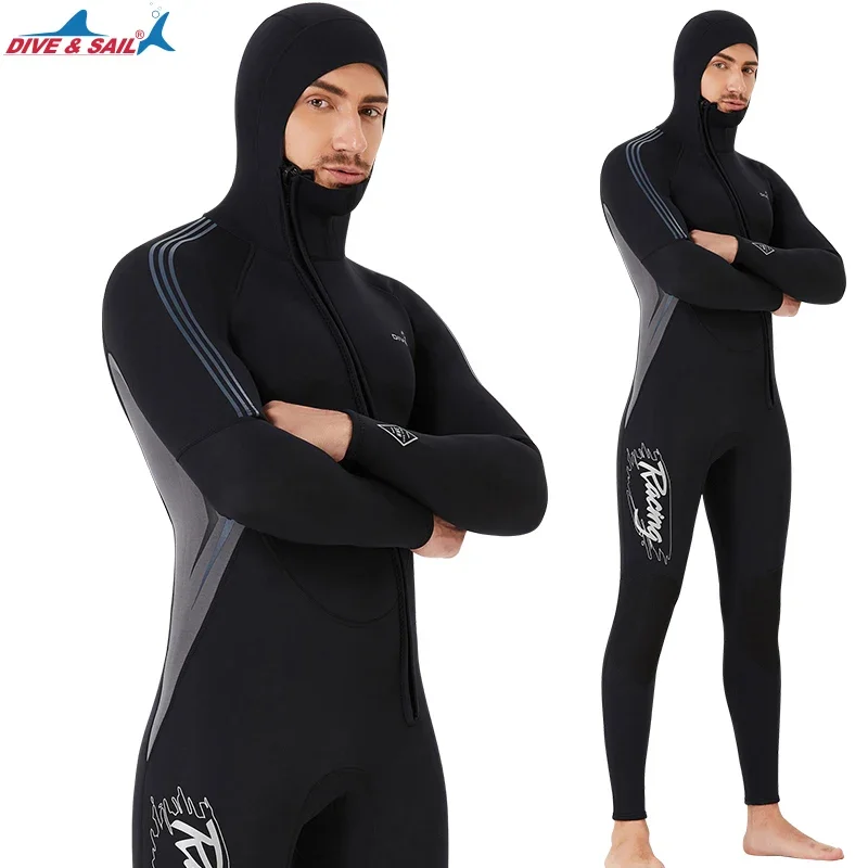 

3MM Neoprene Diving Suits with Hat for Men Warm Lining Winter Fishing Suit One-Piece Wetsuit Front Diagonal Zipper Plus Size