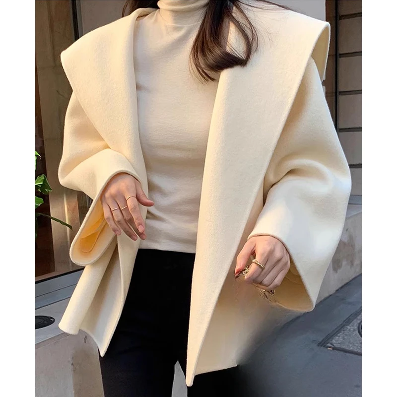 KUSAHIKI Korean Chic Autumn Winter French Casual Versatile Hooded Short Woolen Cardigan Coat Jacket for Women