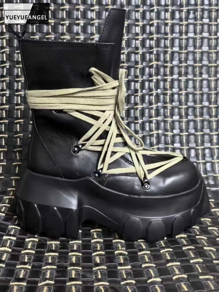 Men Autumn Black Comfortable Genuine Leather Round Toe Warm Ankle Boots Thick Platform Cowhide High Top Shoes Antiskid Footwear