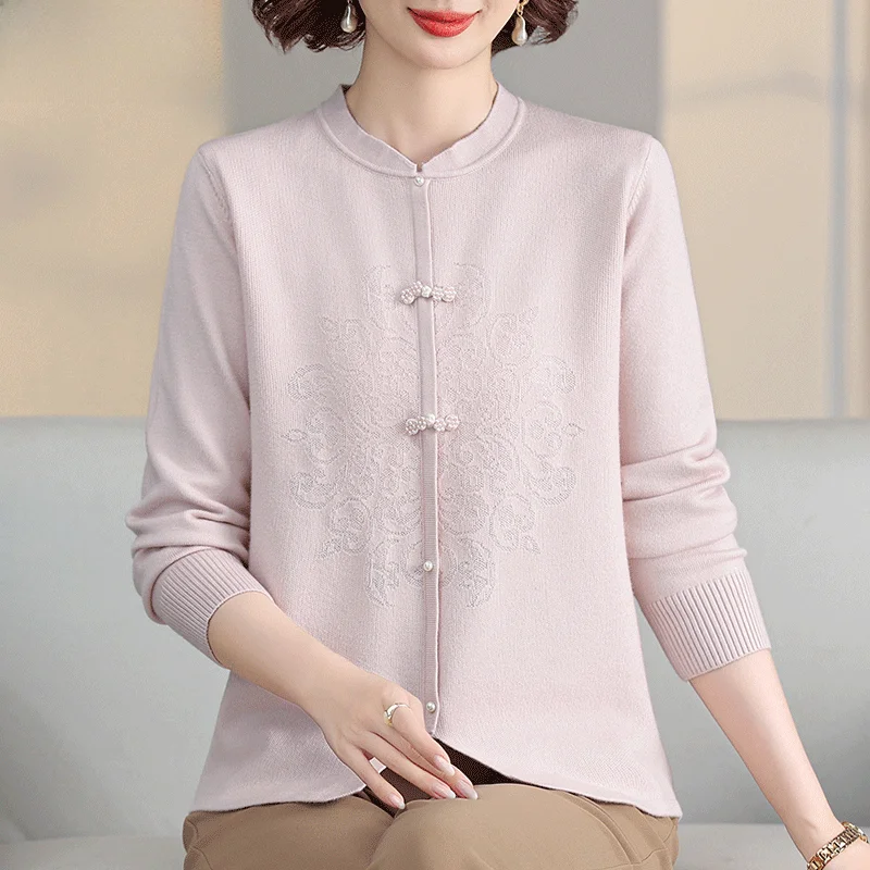 

Вязаный топ с вышивкой Ele для женщин среднего возраста, осенняя модная базовая кофта прямого кроя из смесового полиэстера