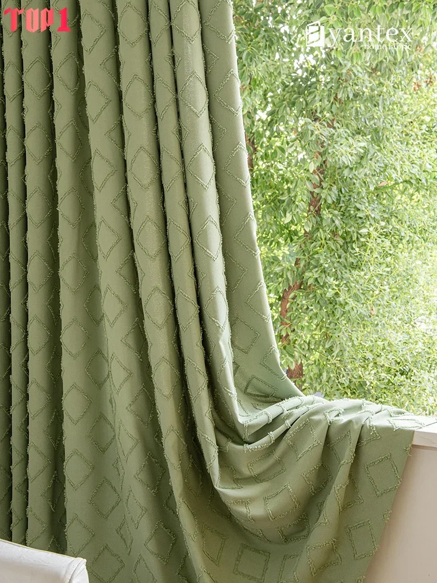 

Partition Customized Flocked Fringed Matcha Green Cotton Linen Lattice Curtains for Living Room Floor Curtains Bedroom Window