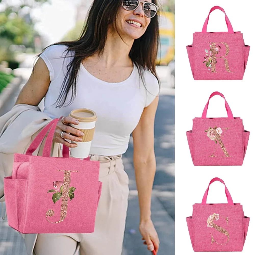 

2024 Lunch Bag Kids BIG Capacity Printing Rose Gold Series Insulation Cute Pink Picnic Bags Waterproof Lunch Box Outdoor Picnic