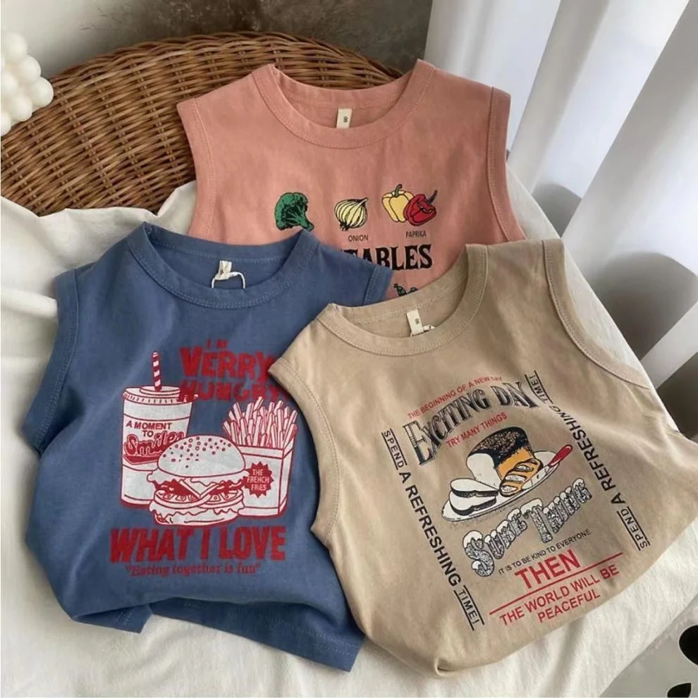 

Летние детские футболки из чистого хлопка, новинка 2025, стильный жилет без рукавов с круглым вырезом для мальчиков и девочек, топы с мультяшным принтом, одежда для маленьких детей
