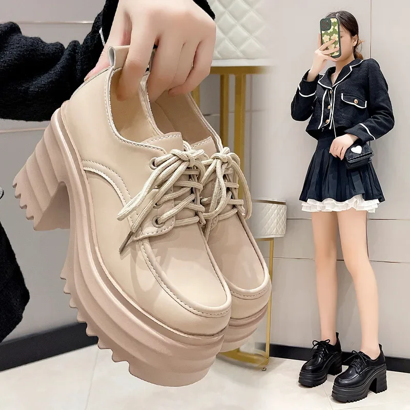 Gothic Chunky High Heels Loafers for Woman New Leather Platform Loafers Female Solid Color Thick Heeled Lolita Shoes 2024