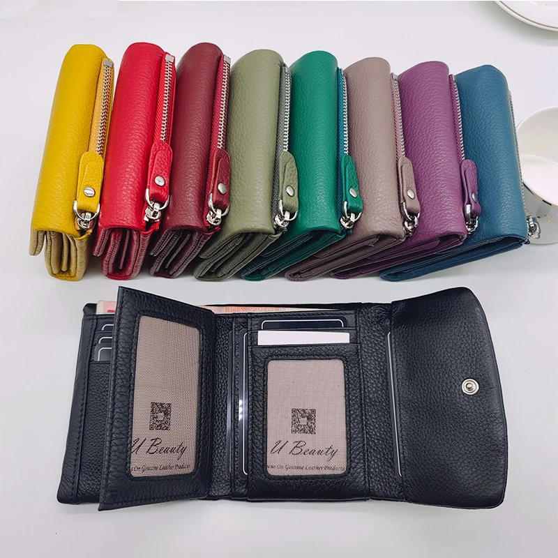 New Soft Genuine Cow Leather Short Wallet For Women Multifunctional Ladies Tri-fold Hasp Purse Cowhide Solid Color Card Holders