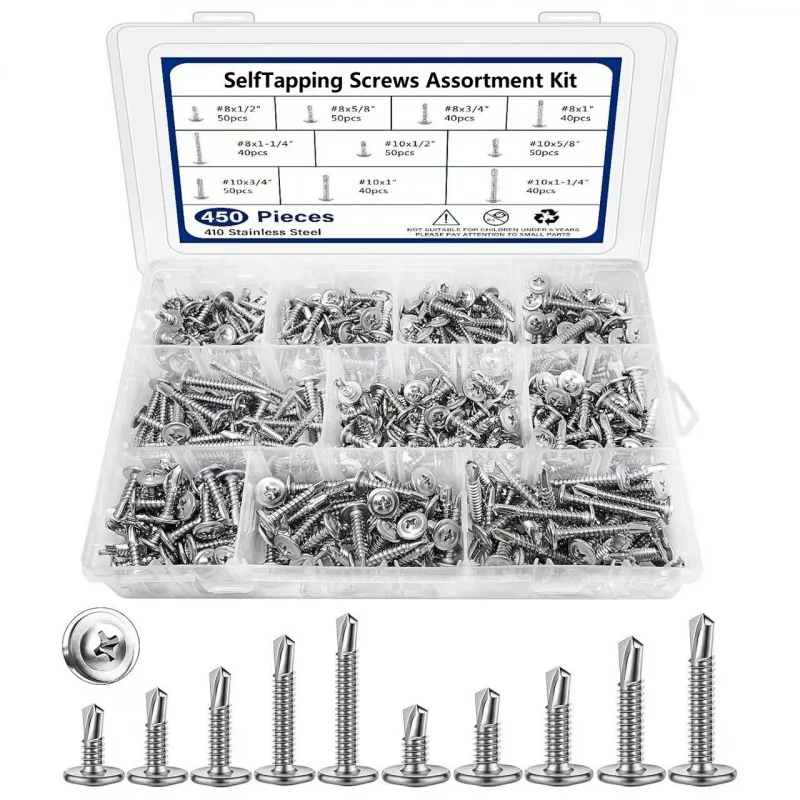 450Pcs 410 Stainless Steel Truss Head Self Drilling Sheet Metal Screws Assortment Kit For Roofing Construction