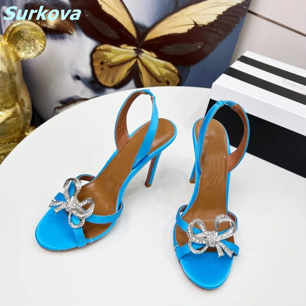 Rhinestone Butterfly Knot Sandals Blue Round Toe Thin High Heel Slip On Back Strap Fashion Summer Women Party Shoes High Quality