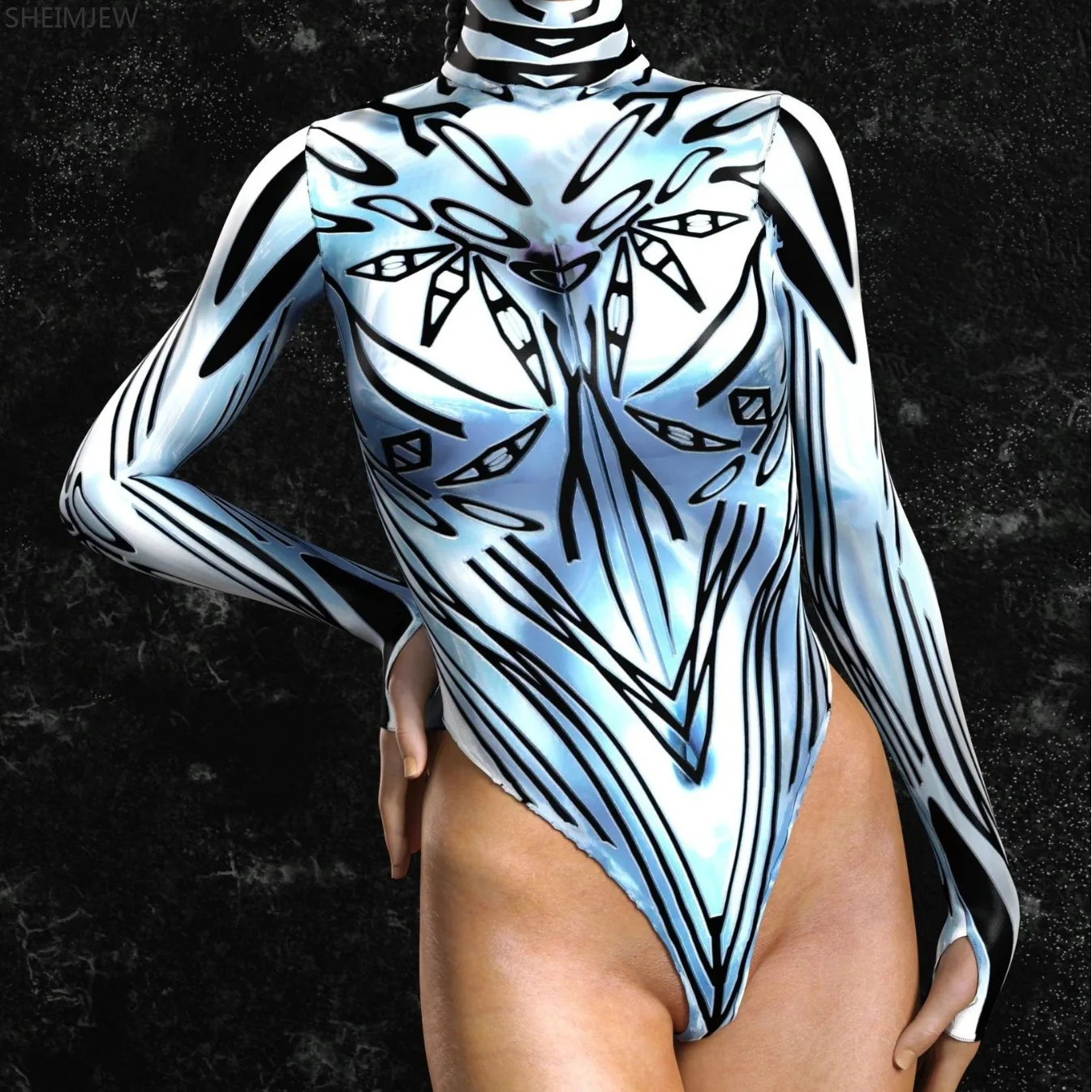 CosplayNew Line 3D Printed Long-sleeved Women Jumpsuit Sexy Hollow Carnival Bikini Set Halloween Swimwear Carnival Party Beach S