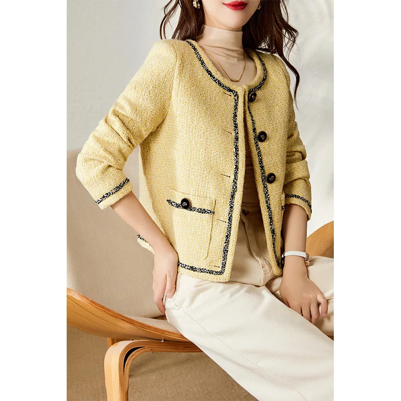 

Women French Luxury Wool Blended Small Fragrance Jacket 2024 Spring Autumn Fashion Basic Elegant Office Yellow Tweed Coat