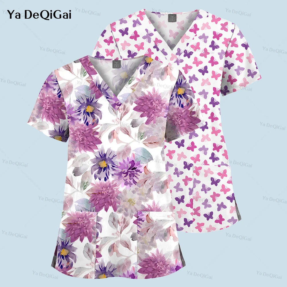 Scrubs Medical Uniform Pink Butterfly Flower Cancer Fighter Graphic Women's Uniforms V Neck Short Sleeve Top with Pocket T-shirt