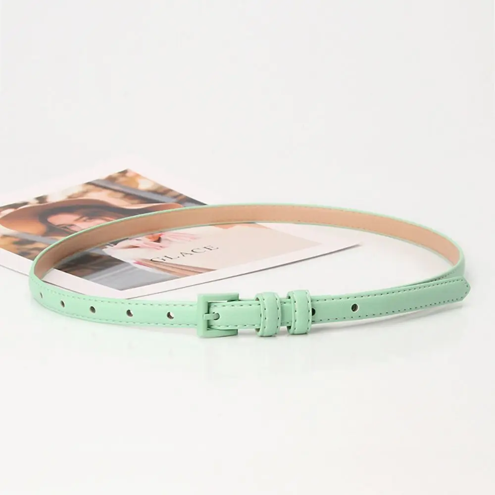 

Retro Elegant Candy Color Belt Vintage Adjustable Thin Waist Belt Square Buckle Pu Leather Dress Waistband Daily