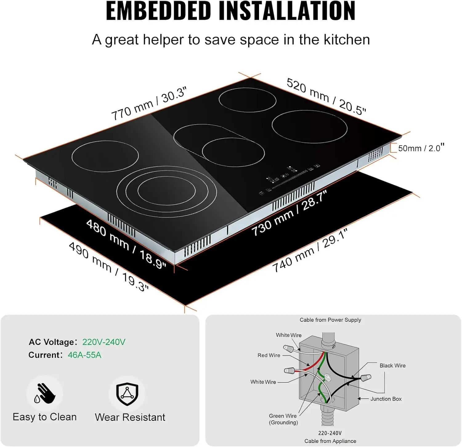 Built in Electric Stove Top, 30 inch 5 Burners, 240V Glass Radiant Cooktop with Sensor Touch Control, Timer & Child Lock Include