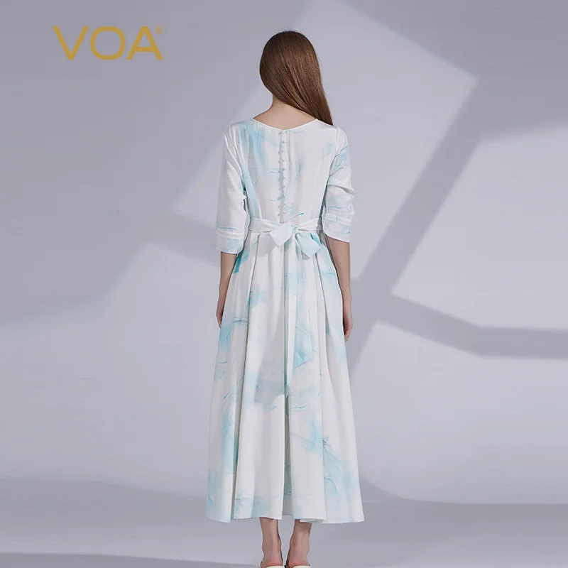 VOA40 mmi robe en soie lourde col rond manches moyennes boucle de perles nœud robe en soie lourde avant et arrière deux vêtements