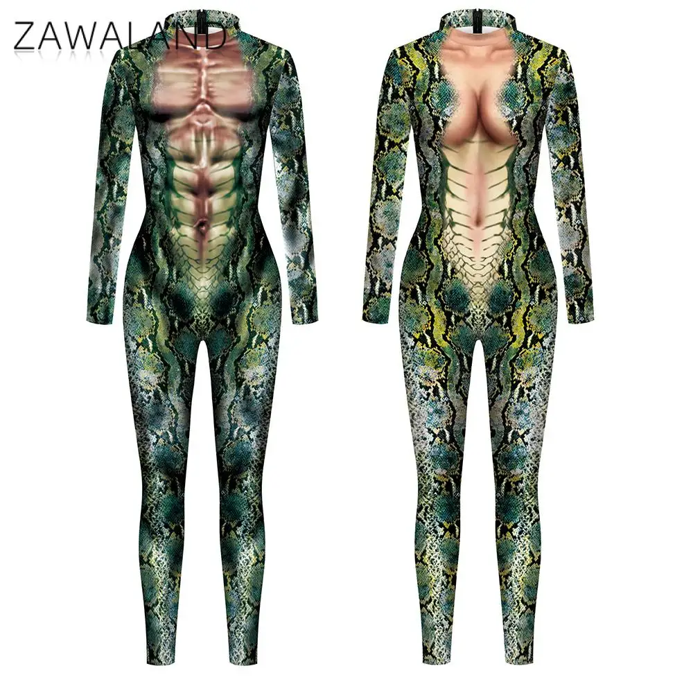 Zawaland Woman Men Catsuit Carnival Animal Costume Snake Fox Tiger Cosplay Bodysuit Fancy Party Jumpsuit Holiday Party Clothes