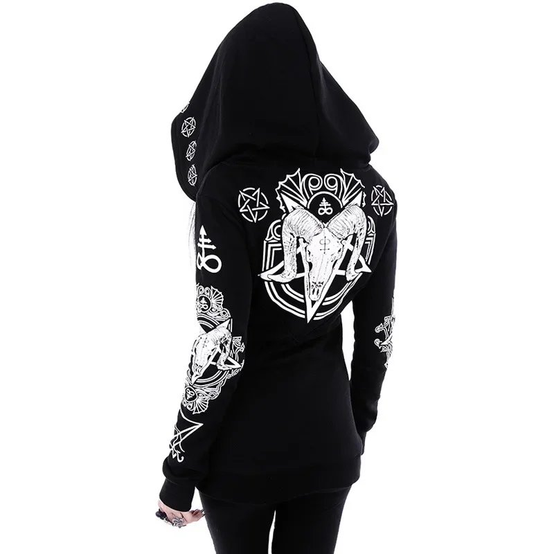 Fashion Trend Women\'s Winter Irregular Black Punk Hooded Coat Sheep\'s Head Moon Printed Sweater