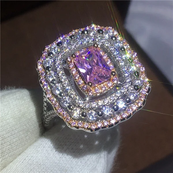 S925 sterling silver ring, hot-selling new exaggerated diamond powder crystal princess ring, party party engagement jewelry