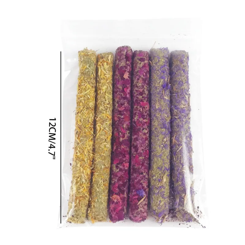 6pcs Rabbit Chew Sticks Mixed Natural Flower Chew Toys Treats for Rabbit Bunny Chinchilla Guinea Pig Hamster Molar Snacks