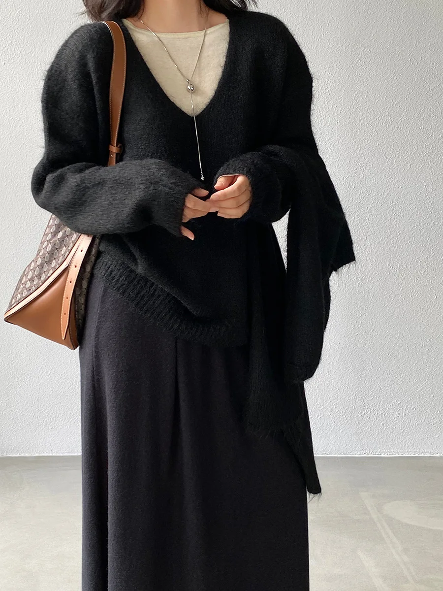 2025 가을 단색 부드럽고 편안한 니트 스웨터 + 숄 스타일의 루즈하고 우아한 다용도 스웨터