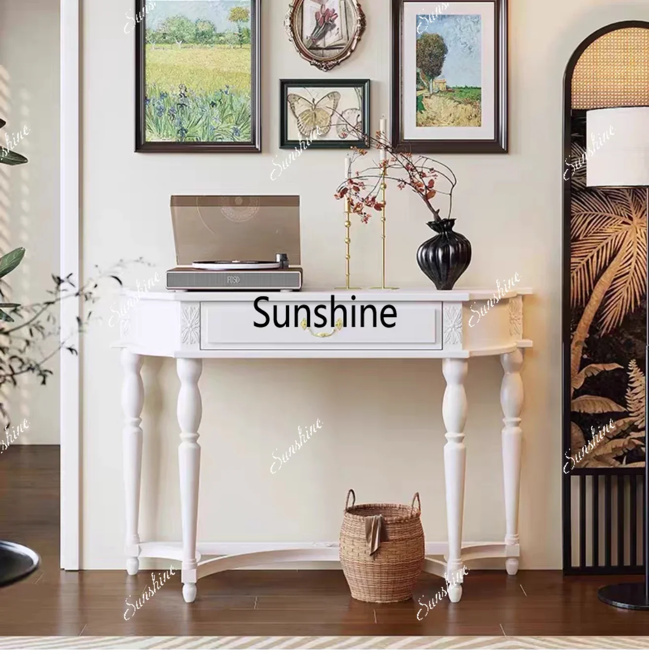 YAmerican retro entrance table black solid wood semicircular storage foyer end view table