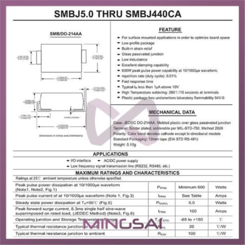 50Pcs SMD TVS Diodes SMBJ26A SMBJ28A SMBJ30CA SMBJ33CA SMBJ36CA SMBJ40CA SMBJ43CA SMBJ45A SMBJ48CA SMBJ51A 600W 5V-440V SMB