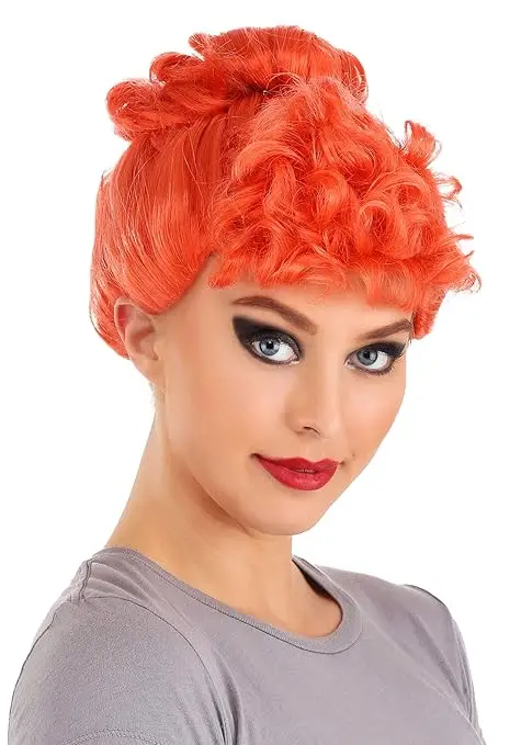 WHIMSICAL W Deluxe Wilma Flintstone Synthetic Wig for Women Cavewoman Orange Wig for Adults Girl's Bedrock Cosplay Outfit