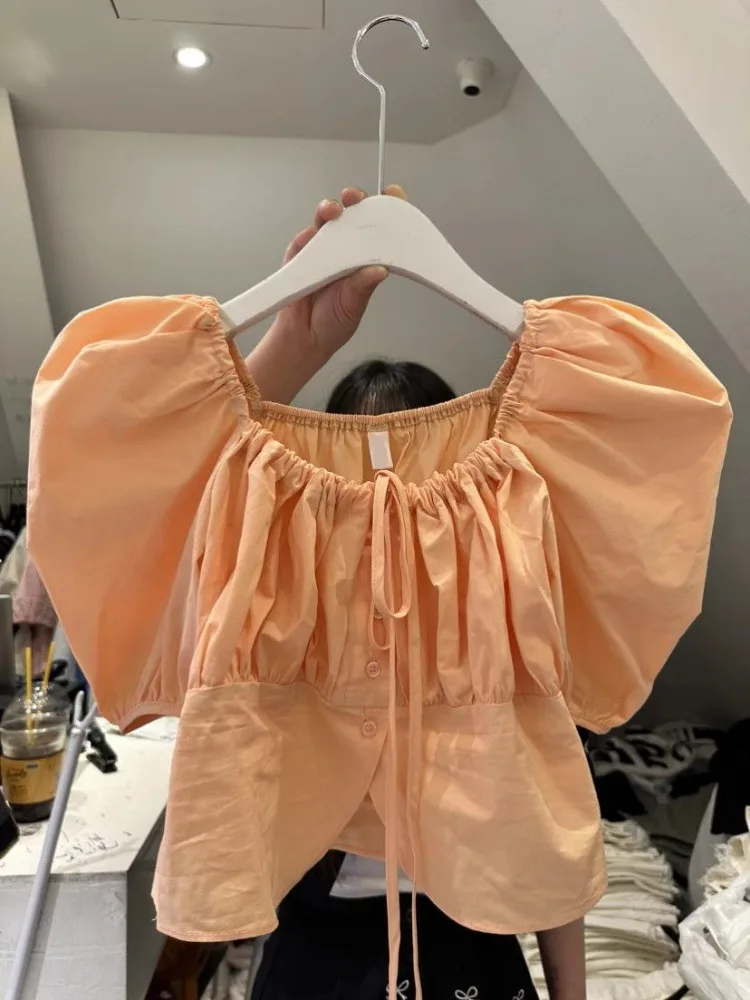 

2025 Summer New White Shirts Women Sweet Puff Sleeve Loose Blusas De Mujer Y2k Lace Up Square Collar All-match Blouses