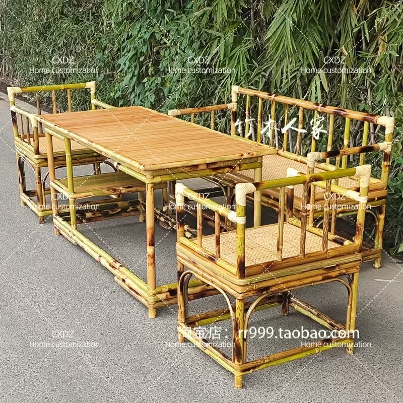 Bamboo Tea Table and Chair Set Zen Style Simple Coffee Table with Long Rattan Chair for Leisure Tea Drinking Space