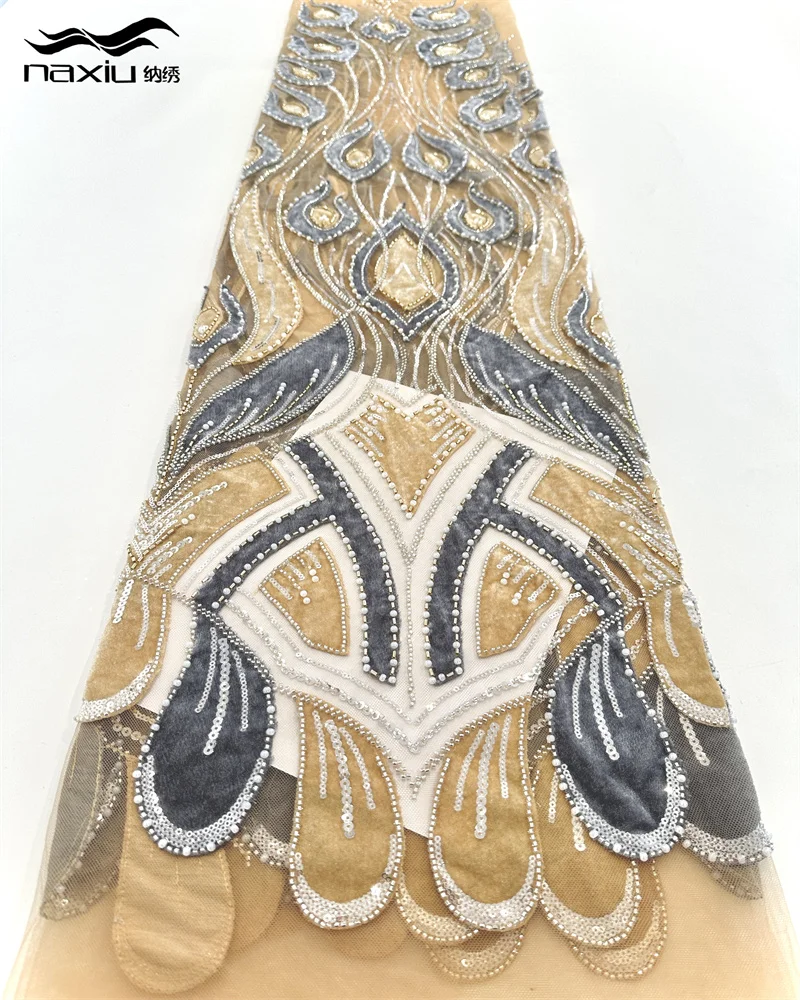 

Madison 2025 Latest Velvet French Mesh Lace Beaded Fabric Nigerian Lace Sequins Fabric for Women Sewing Wedding Dresses