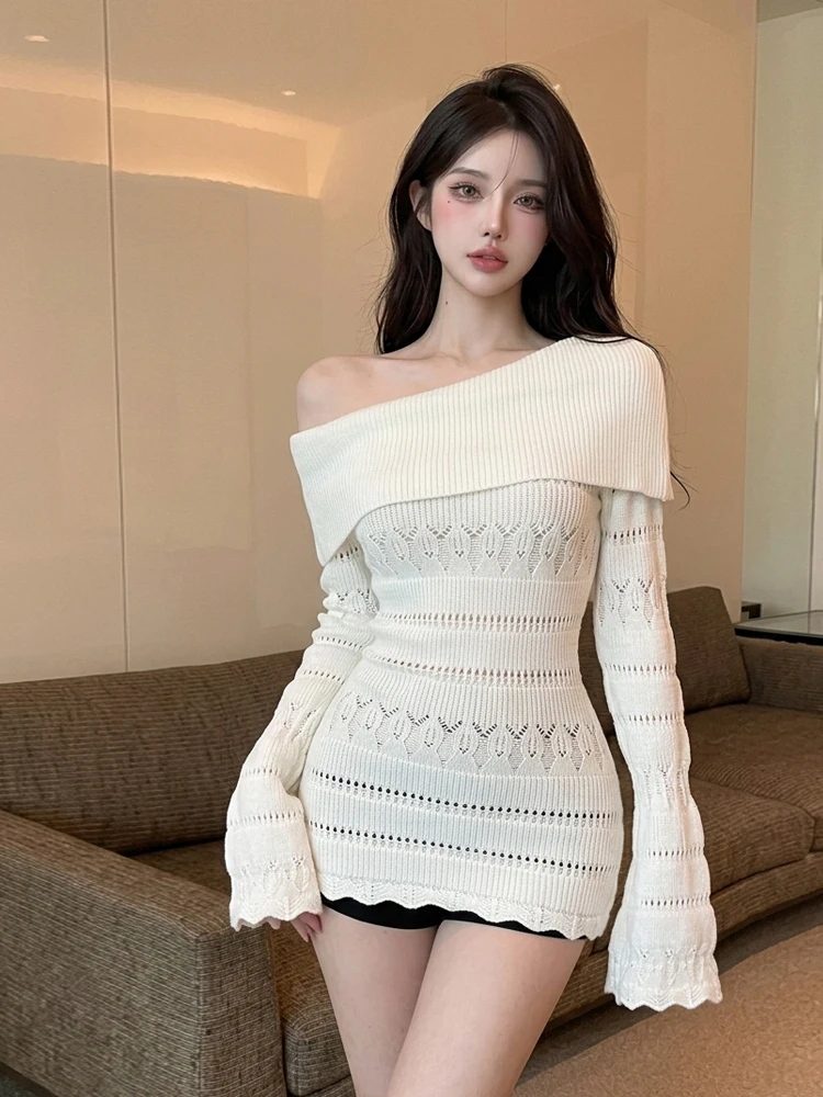 Retro Sexy One-Shoulder Hollow out Long Sleeve Knitted Top Trendy Versatile Slimming Fashionable Spring Autumn Winter Women's...