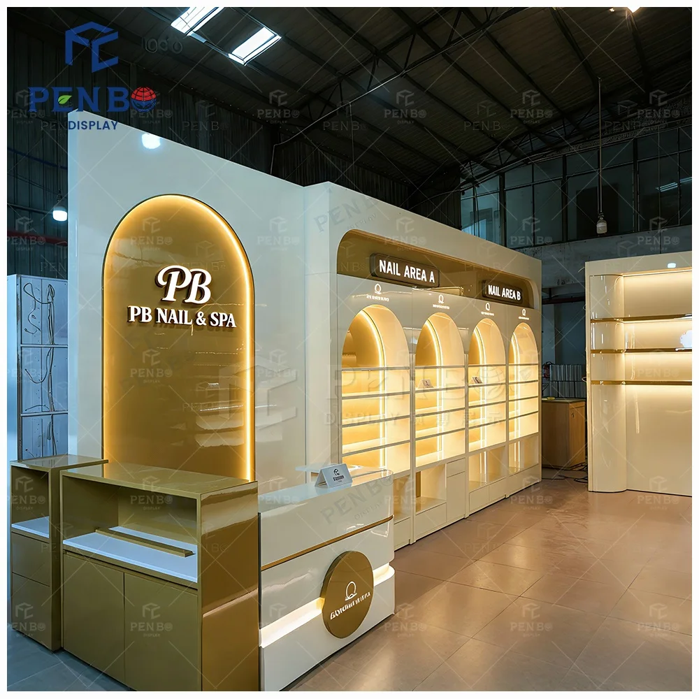 Customized Nail Display Cabinet High End Led Lighting Plywood Skincare Product Perfume Nail Polish Shelf Display Wall Showcase