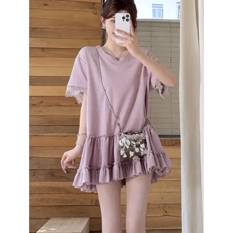 ชุดเดรสเสื้อยืดหลวมๆ ของผู้หญิง สีชมพู ชายเสื้อระบาย แขนลูกไม้ ชุดเดรสแขนสั้นลำลองสำหรับฤดูร้อน