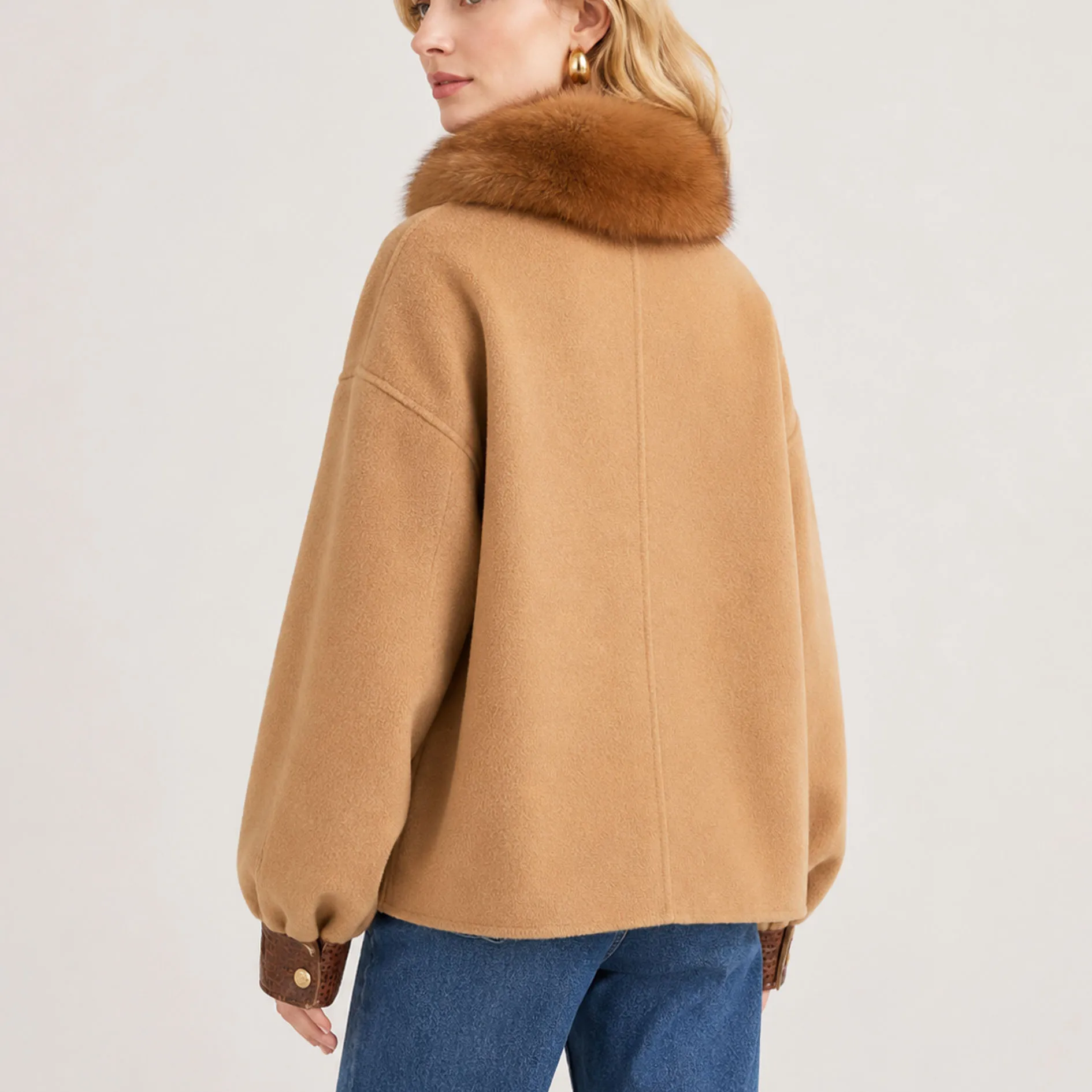 Genuine Real Fox Fur Front Trim Women Double Sided Wool Coat Oversized Short Camel Wool Jacket Winter Warm Luxury Fur Colla50415